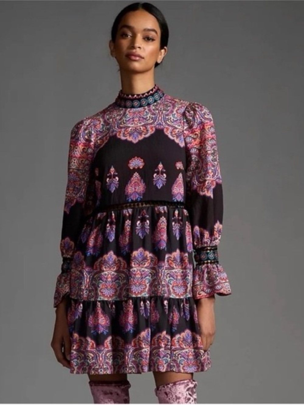Anthropologie Boho Paisley Beaded Mini Dress High Neck Tiered Crochet Sz Small 6
